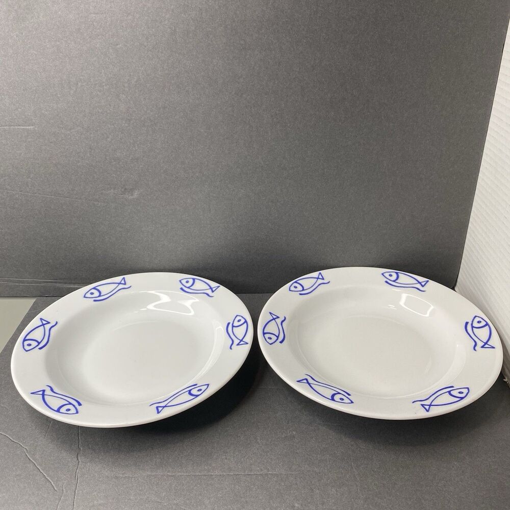 Danica Bistro Fish Salad Plates 7.5" Set of 2 Blue White Poland Discontinued